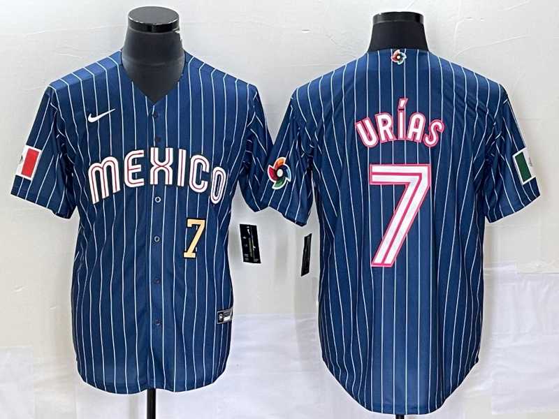 Mens Mexico Baseball #7 Julio Urias Number Navy Blue Pinstripe 2020 World Series Cool Base Nike Jersey 1